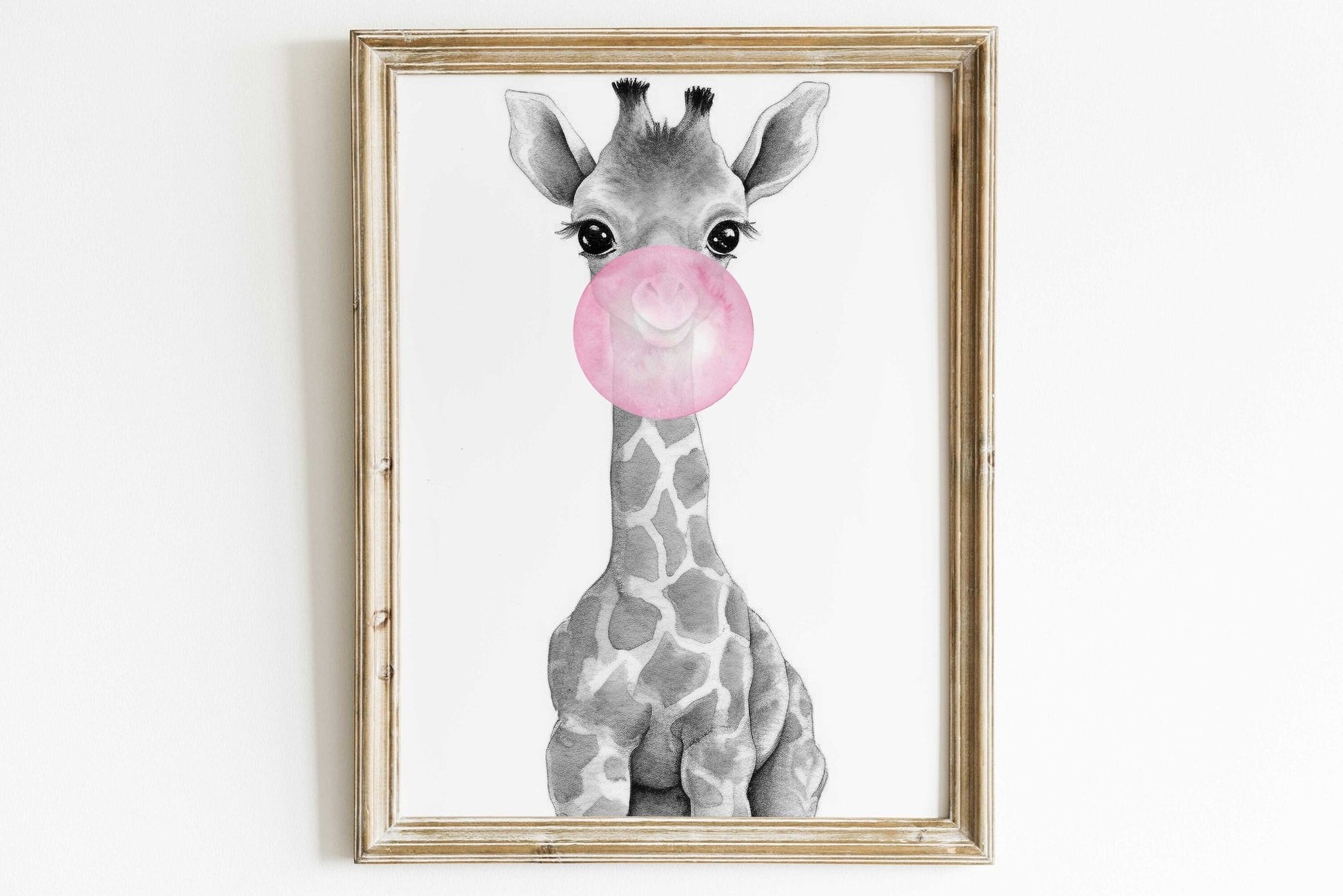 Giraffe Bubblegum Art, Whimsical Safari Nursery Decor, Kids Room Wall Art - WildfieldPrints