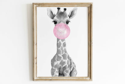 Giraffe Bubblegum Art, Whimsical Safari Nursery Decor, Kids Room Wall Art - WildfieldPrints