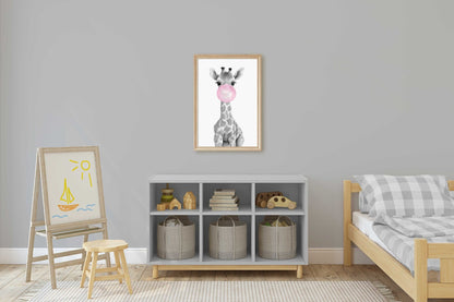Giraffe Bubblegum Art, Whimsical Safari Nursery Decor, Kids Room Wall Art - WildfieldPrints