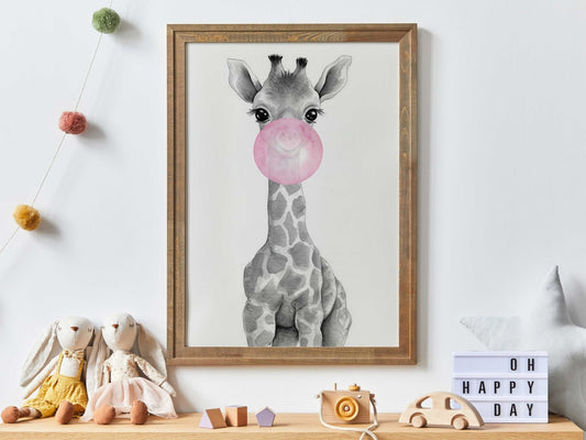 Giraffe Bubblegum Art, Whimsical Safari Nursery Decor, Kids Room Wall Art - WildfieldPrints