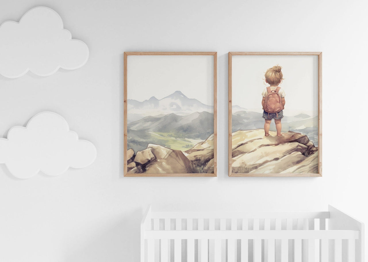 Girl Adventure Wall Art – Mountain Nursery Print for Girls • Set of 2