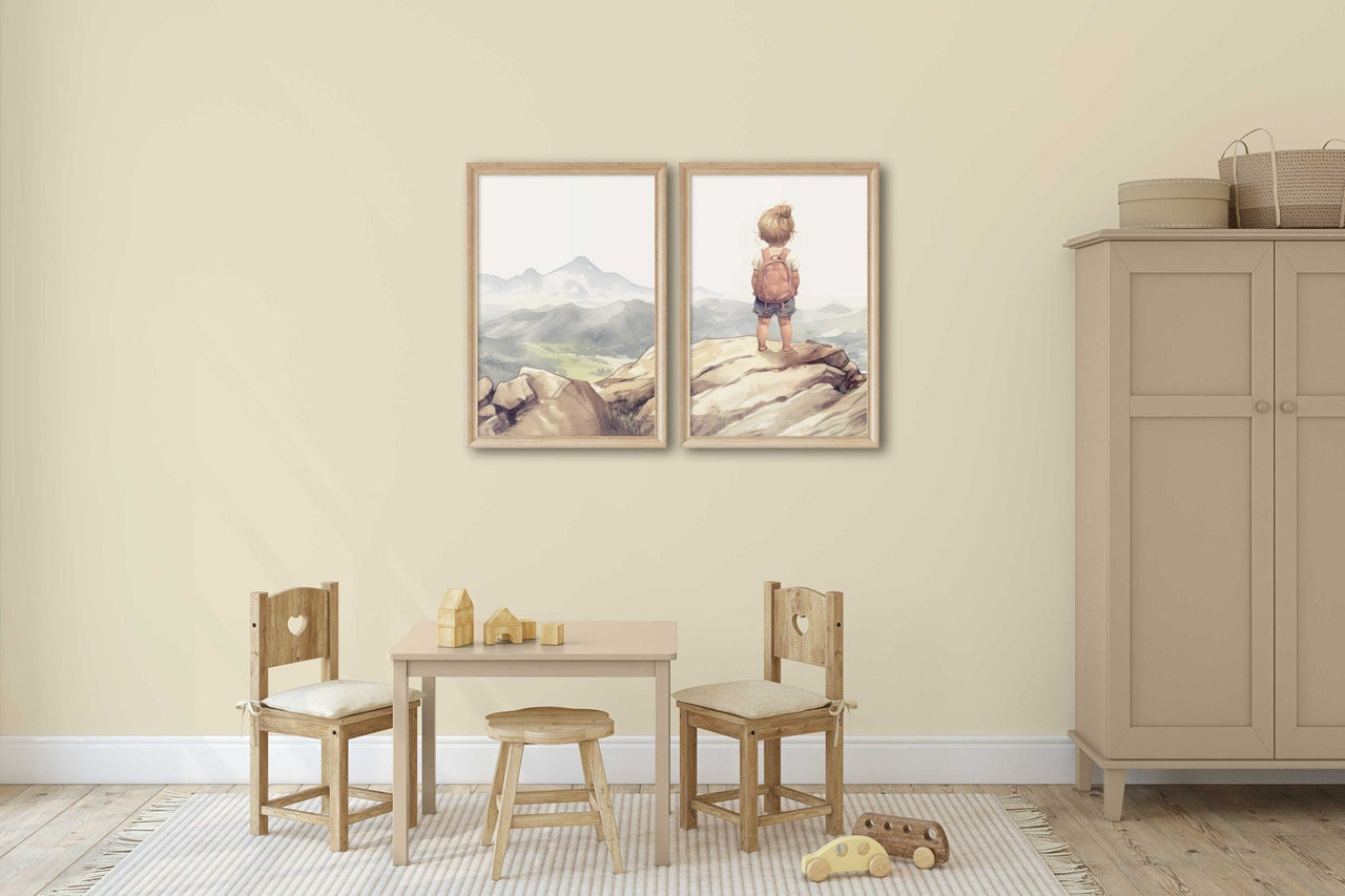 Girl Adventure Wall Art – Mountain Nursery Print for Girls • Set of 2