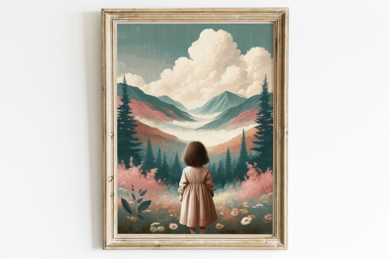 Girl Adventure Wall Art – Mountain Nursery Print for Toddler Room
