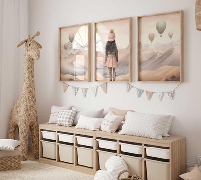Girl Adventure Prints, Mountain Nursery Decor, Hot Air Balloon Art - WildfieldPrints