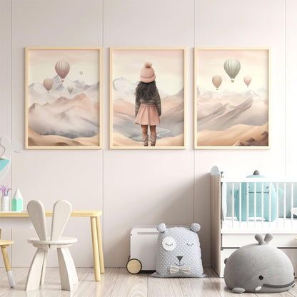 Girl Adventure Prints, Mountain Nursery Decor, Hot Air Balloon Art - WildfieldPrints