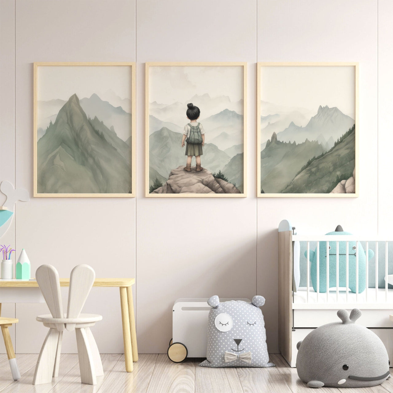 Little Girl Adventurer Wall Art – Nature Nursery Print for Girls • Set of 3