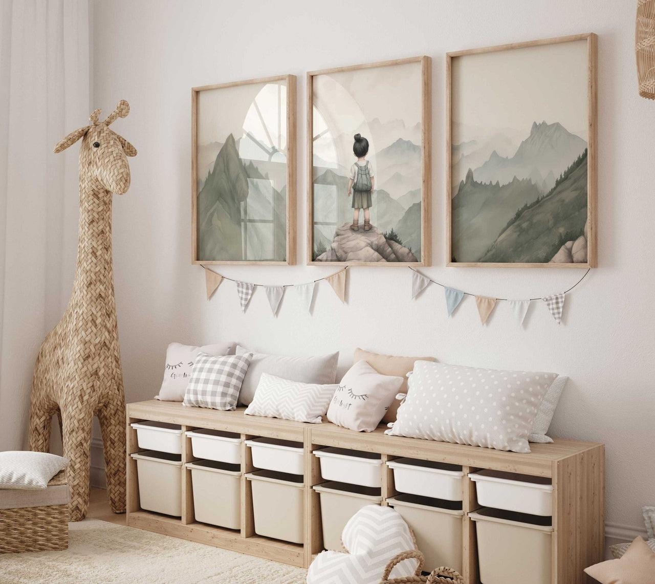 Little Girl Adventurer Wall Art – Nature Nursery Print for Girls • Set of 3