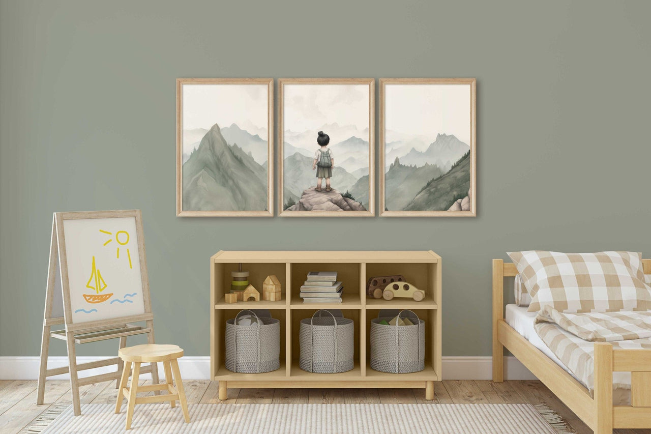 Little Girl Adventurer Wall Art – Nature Nursery Print for Girls • Set of 3