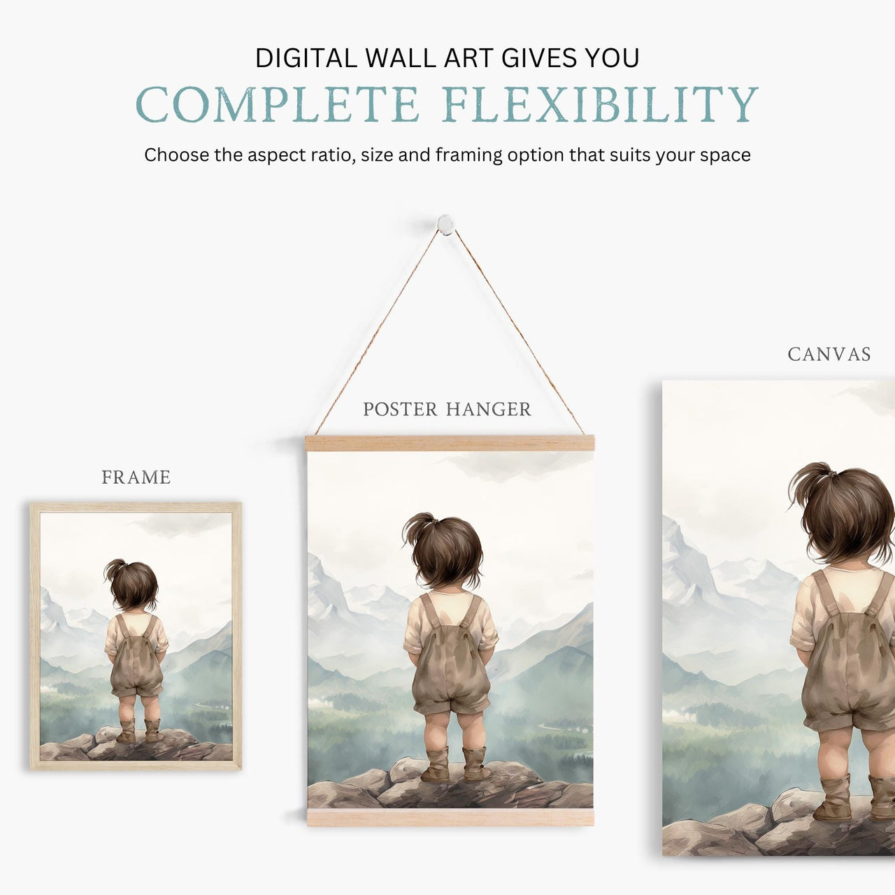 Vintage Mountain Girl Wall Art – Nature Nursery Print for Girls • Set of 3