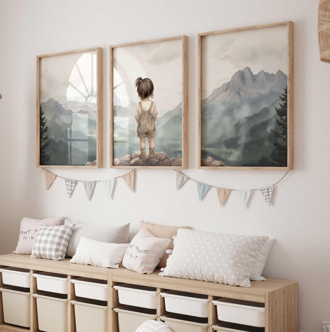 Vintage Mountain Girl Wall Art – Nature Nursery Print for Girls • Set of 3