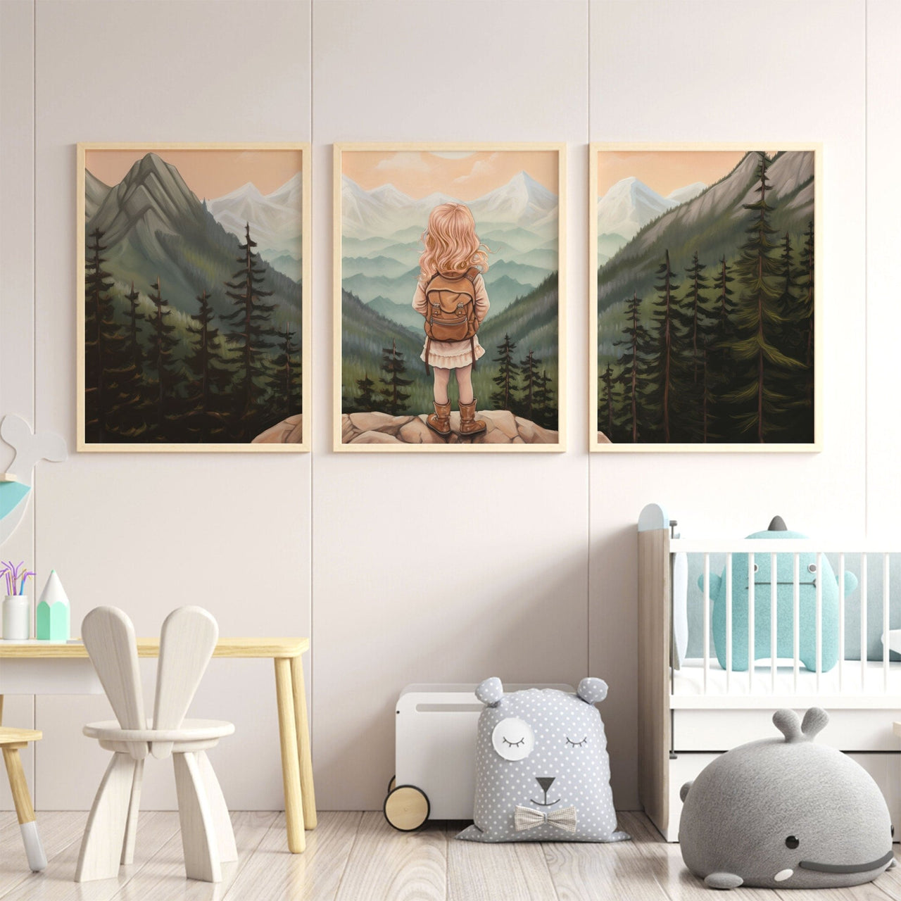 Girl Adventurer Mountain Vista Wall Art – Vintage Nursery Print • Set of 3