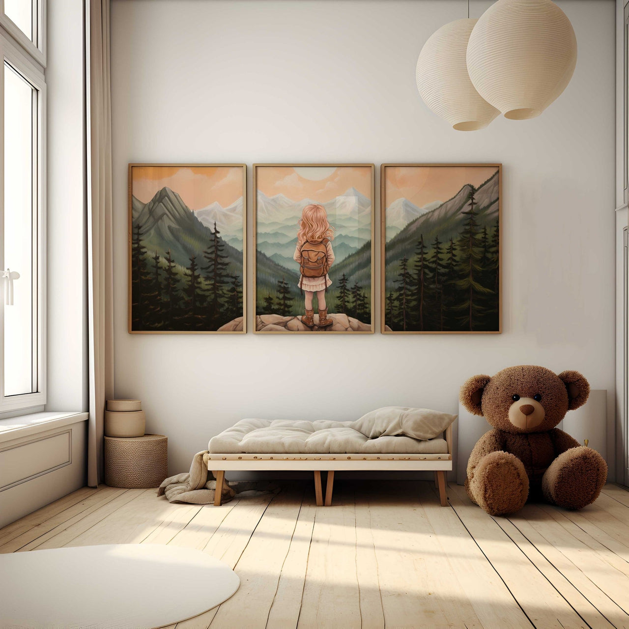Girl Adventurer Mountain Vista Wall Art – Vintage Nursery Print • Set of 3