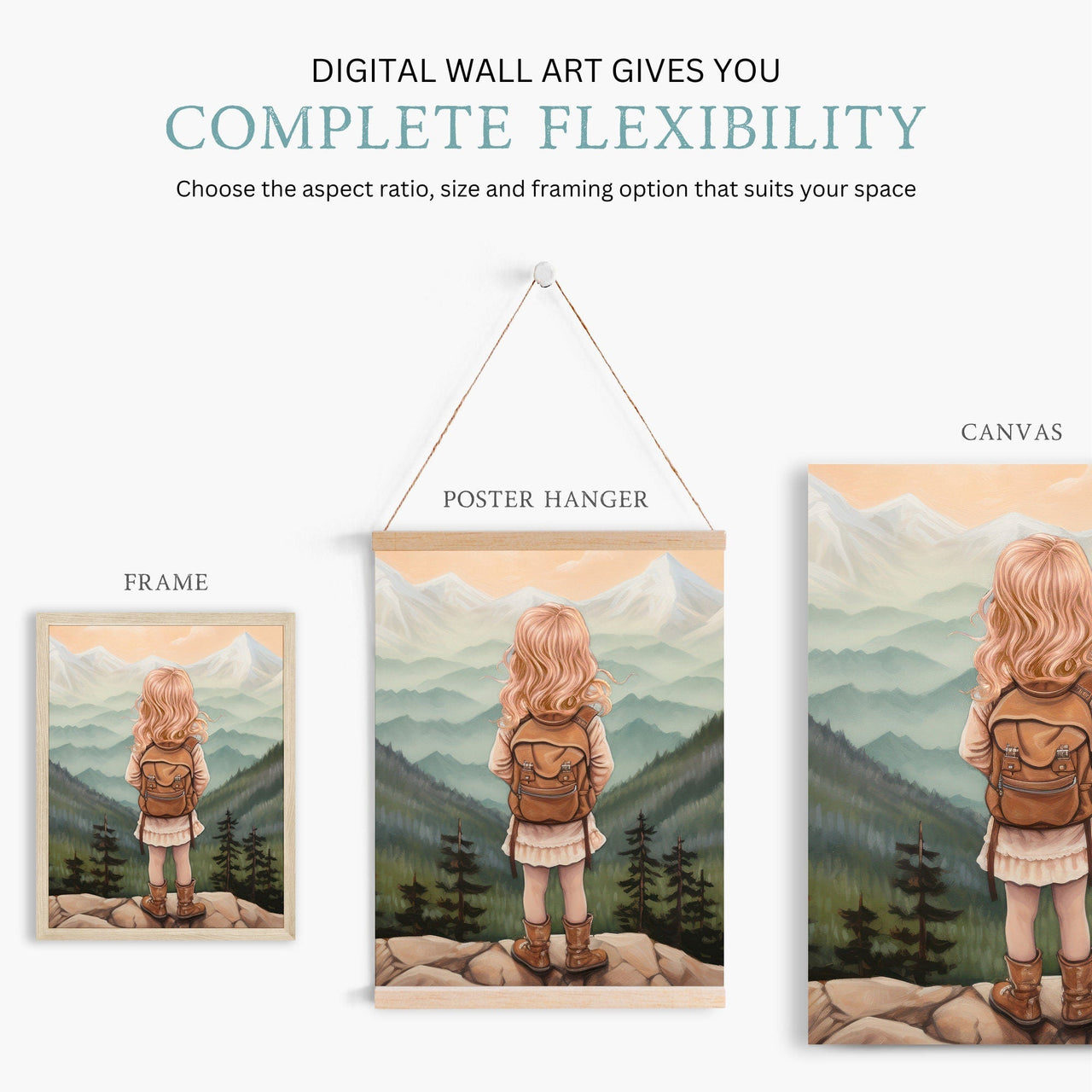 Girl Adventurer Mountain Vista Wall Art – Vintage Nursery Print • Set of 3