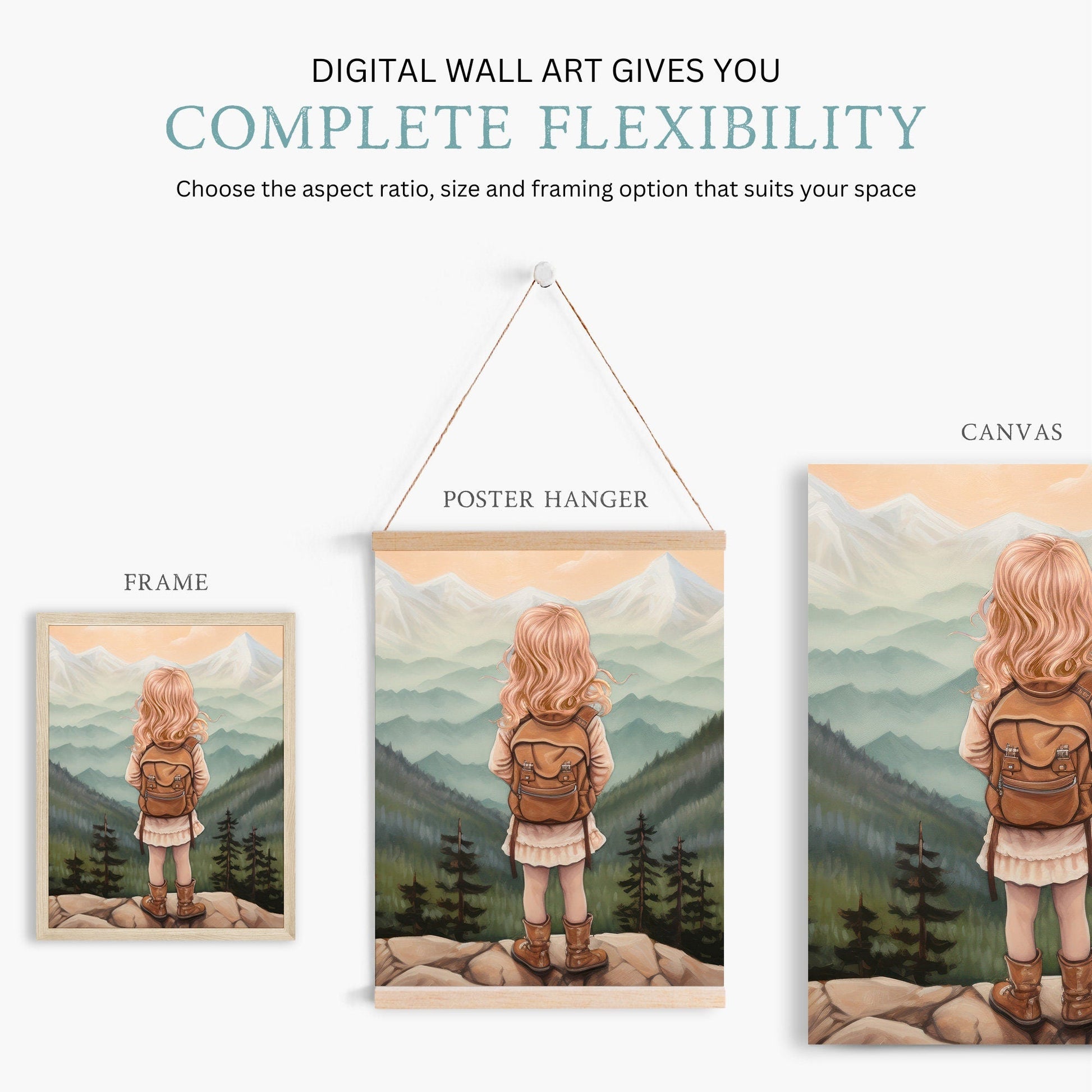 Girl Adventurer Mountain Vista Prints, Vintage Nursery Decor, Triptych Art - WildfieldPrints