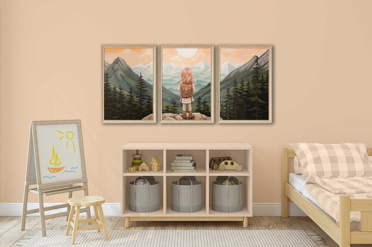 Girl Adventurer Mountain Vista Wall Art – Vintage Nursery Print • Set of 3
