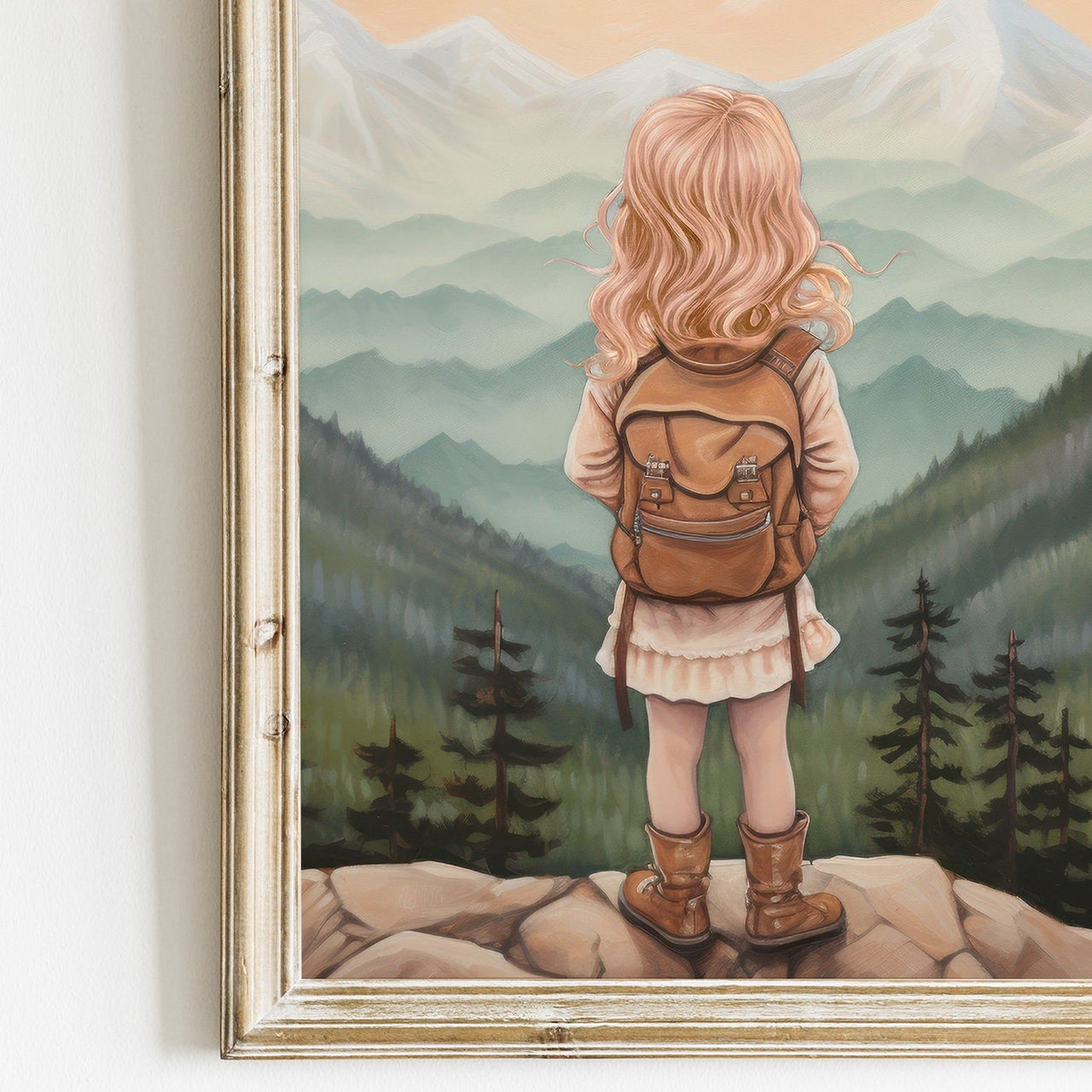 Girl Adventurer Mountain Vista Wall Art – Vintage Nursery Print • Set of 3