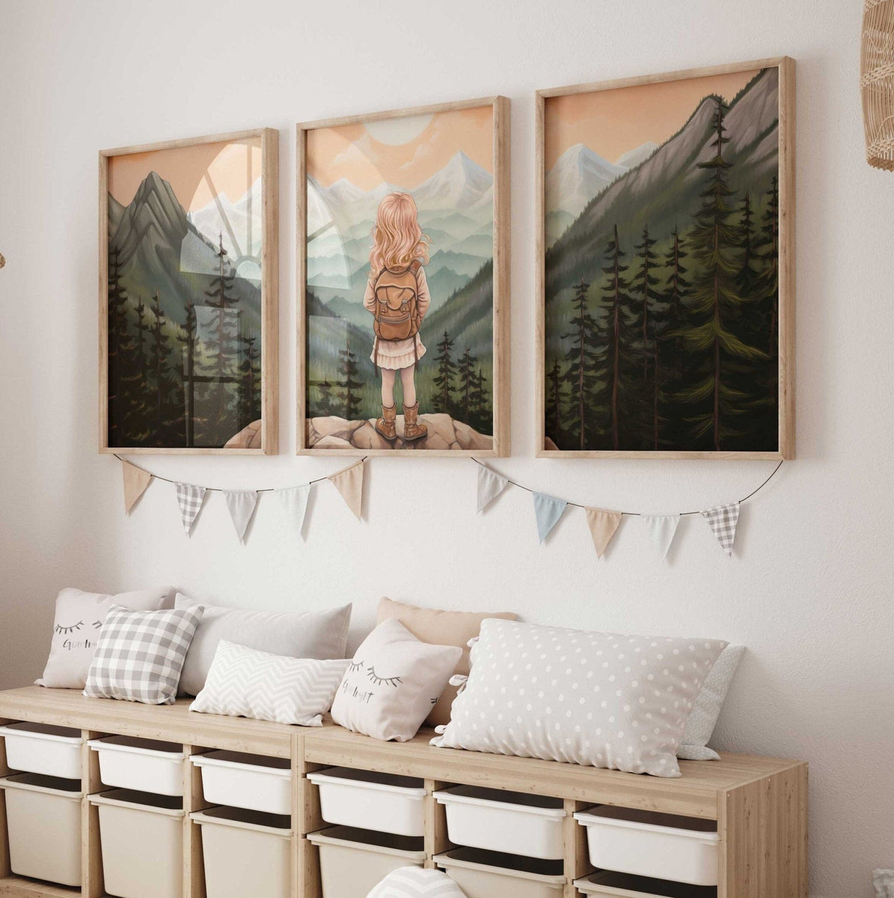 Girl Adventurer Mountain Vista Wall Art – Vintage Nursery Print • Set of 3