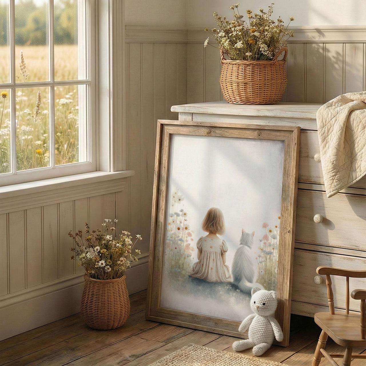 Girl and Cat Print – Floral Nursery Wall Decor