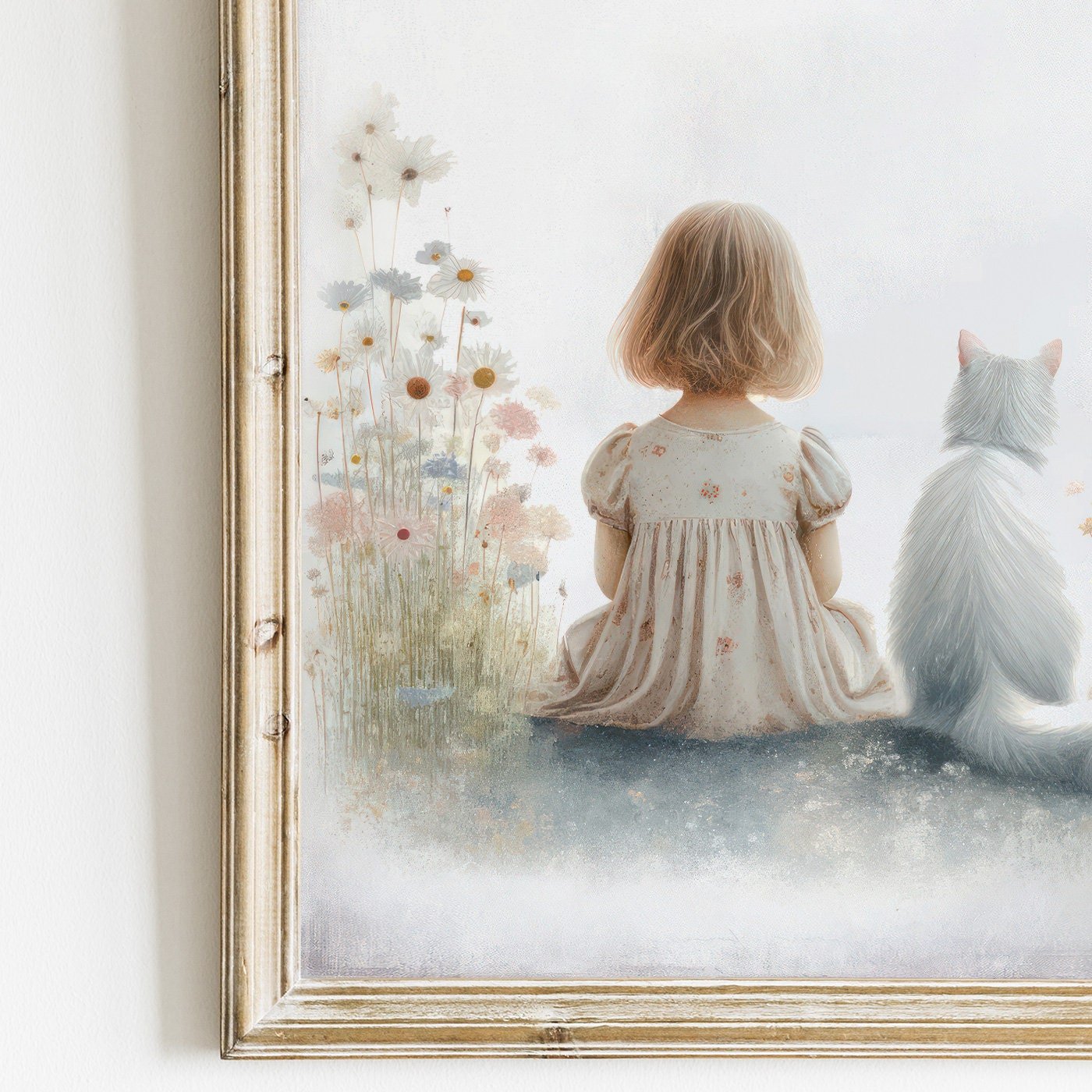 Girl and Cat Print, Wildflower Nursery Decor, Floral Wall Art - WildfieldPrints