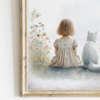 Girl and Cat Print, Wildflower Nursery Decor, Floral Wall Art - WildfieldPrints