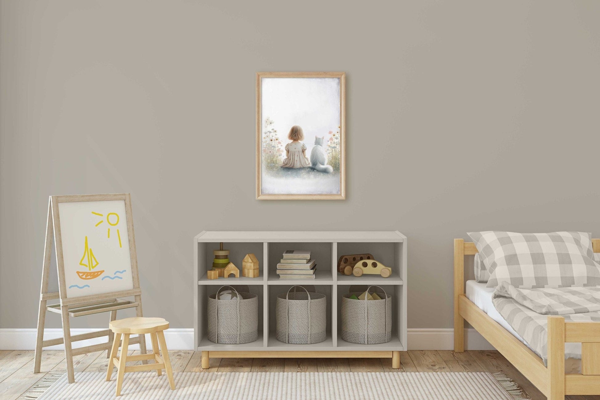 Girl and Cat Print, Wildflower Nursery Decor, Floral Wall Art - WildfieldPrints
