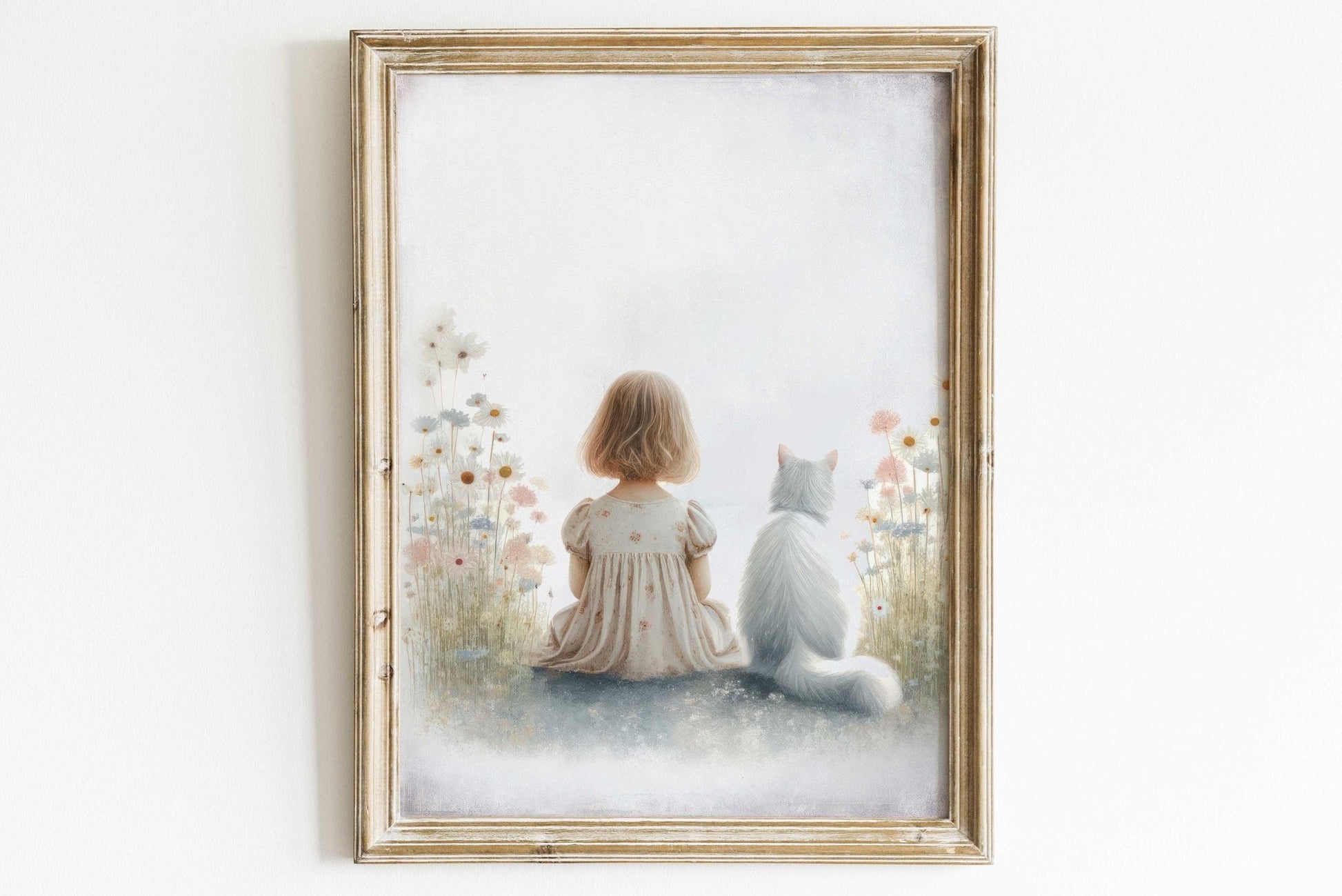 Girl and Cat Print, Wildflower Nursery Decor, Floral Wall Art - WildfieldPrints