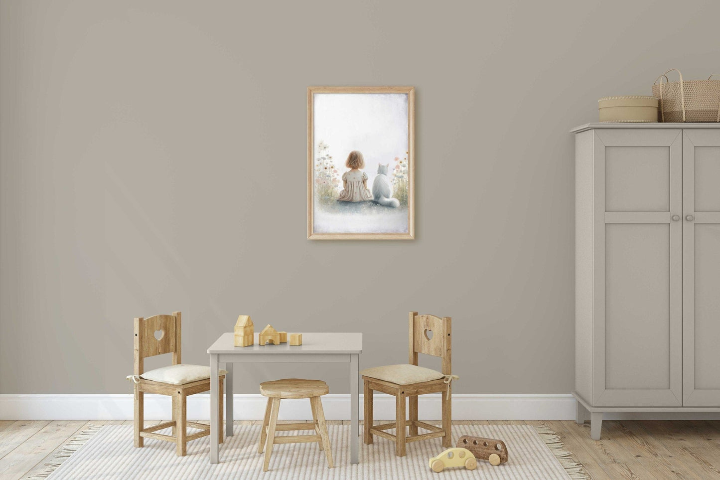 Girl and Cat Print, Wildflower Nursery Decor, Floral Wall Art - WildfieldPrints