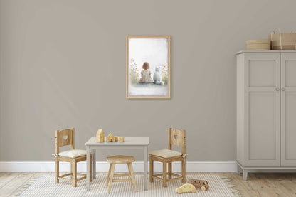 Girl and Cat Print, Wildflower Nursery Decor, Floral Wall Art - WildfieldPrints