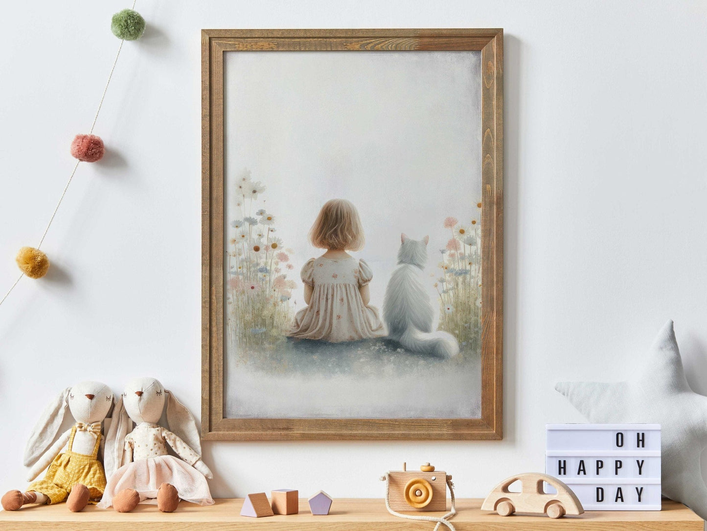Girl and Cat Print, Wildflower Nursery Decor, Floral Wall Art - WildfieldPrints