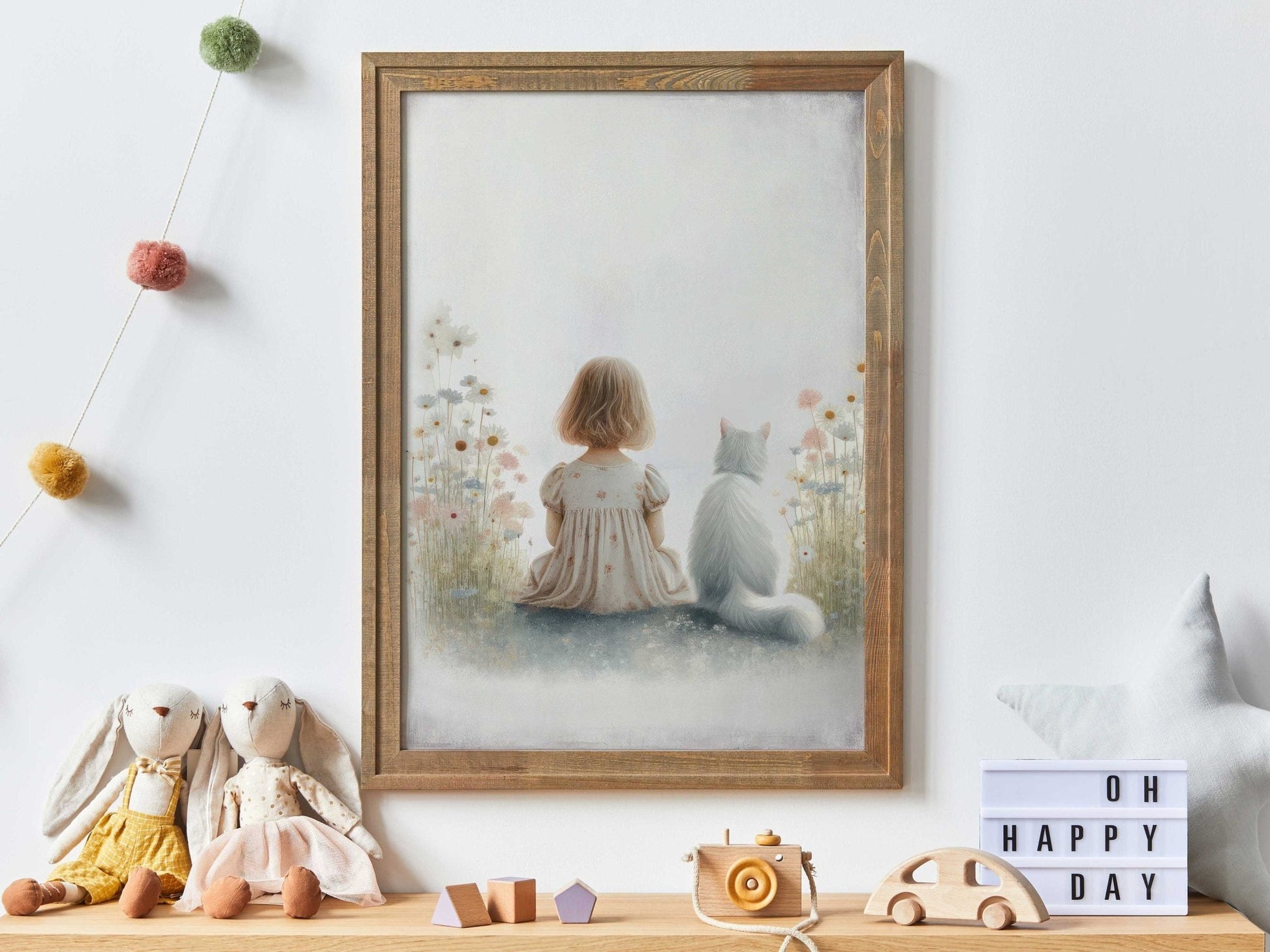 Girl and Cat Print, Wildflower Nursery Decor, Floral Wall Art - WildfieldPrints