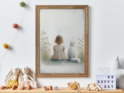 Girl and Cat Print, Wildflower Nursery Decor, Floral Wall Art - WildfieldPrints