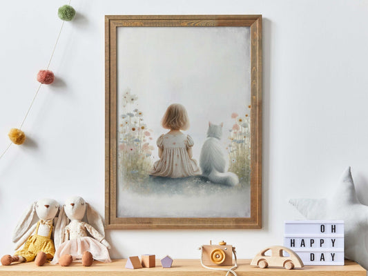 Girl and Cat Print, Wildflower Nursery Decor, Floral Wall Art - WildfieldPrints