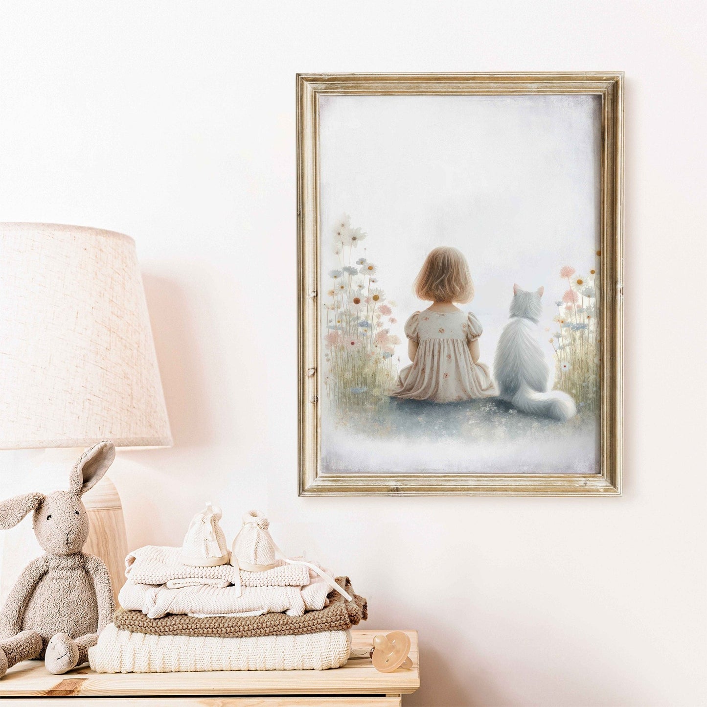 Girl and Cat Print, Wildflower Nursery Decor, Floral Wall Art - WildfieldPrints