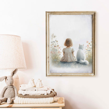 Girl and Cat Print, Wildflower Nursery Decor, Floral Wall Art - WildfieldPrints