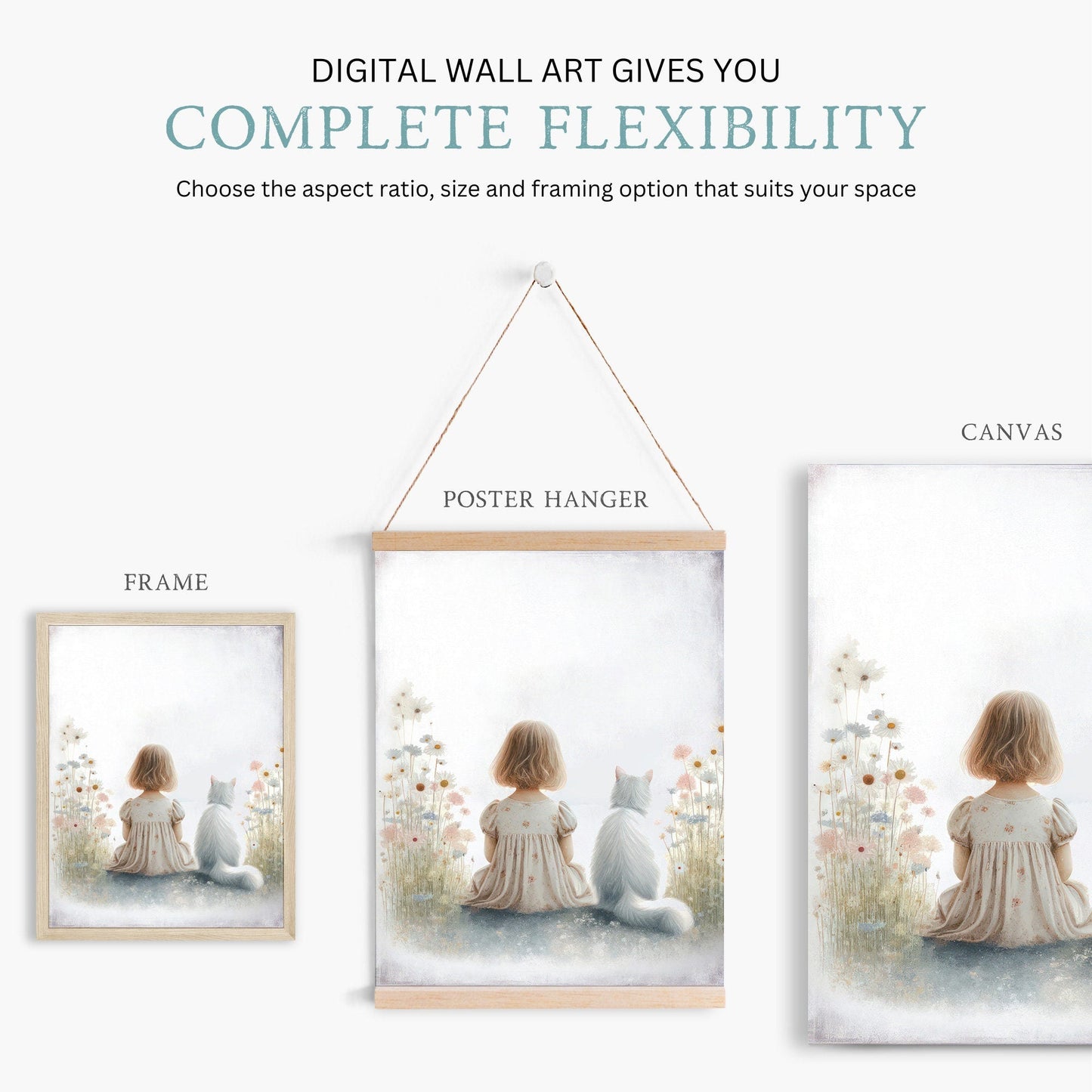 Girl and Cat Print, Wildflower Nursery Decor, Floral Wall Art - WildfieldPrints