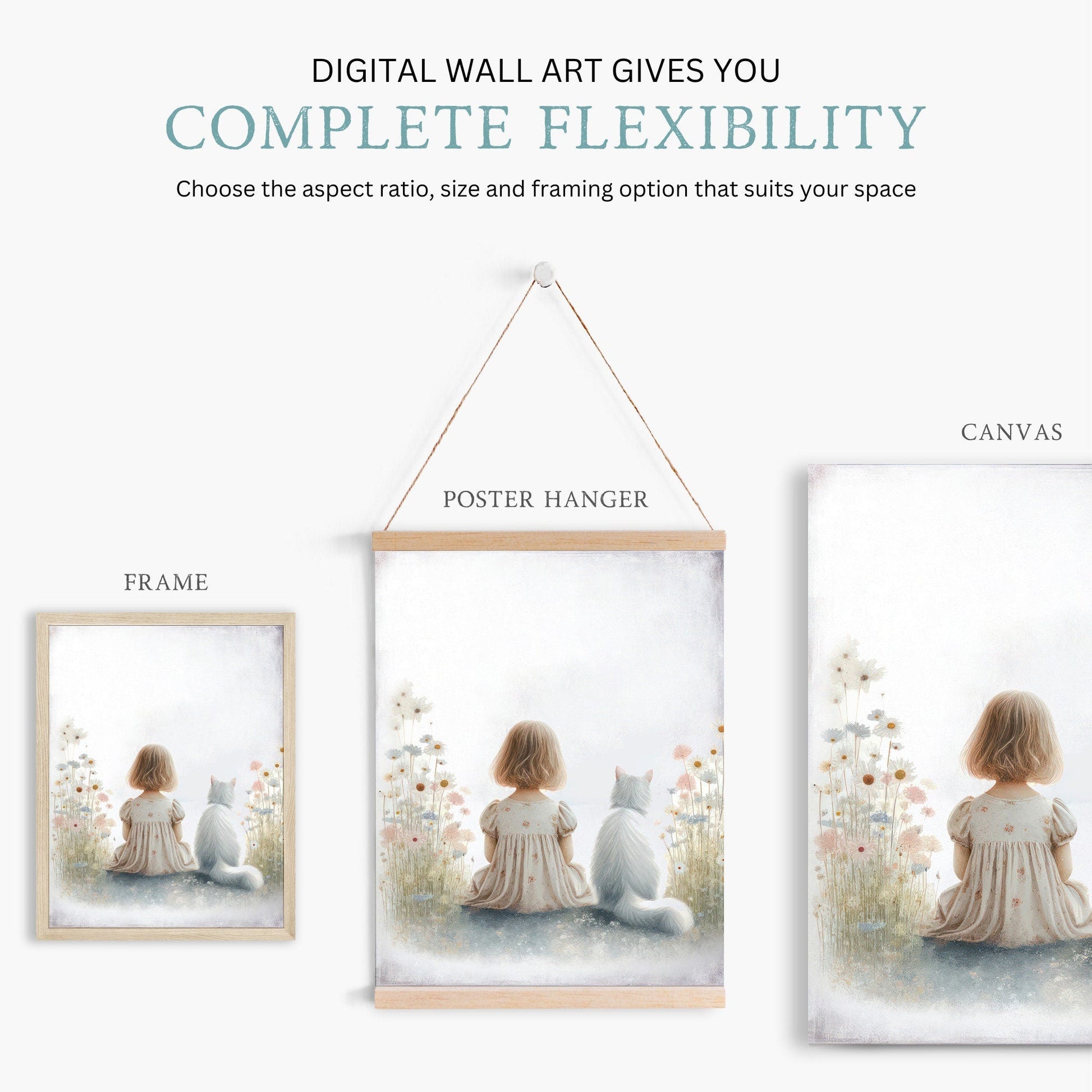 Girl and Cat Print, Wildflower Nursery Decor, Floral Wall Art - WildfieldPrints