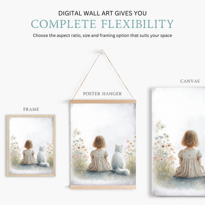 Girl and Cat Print, Wildflower Nursery Decor, Floral Wall Art - WildfieldPrints