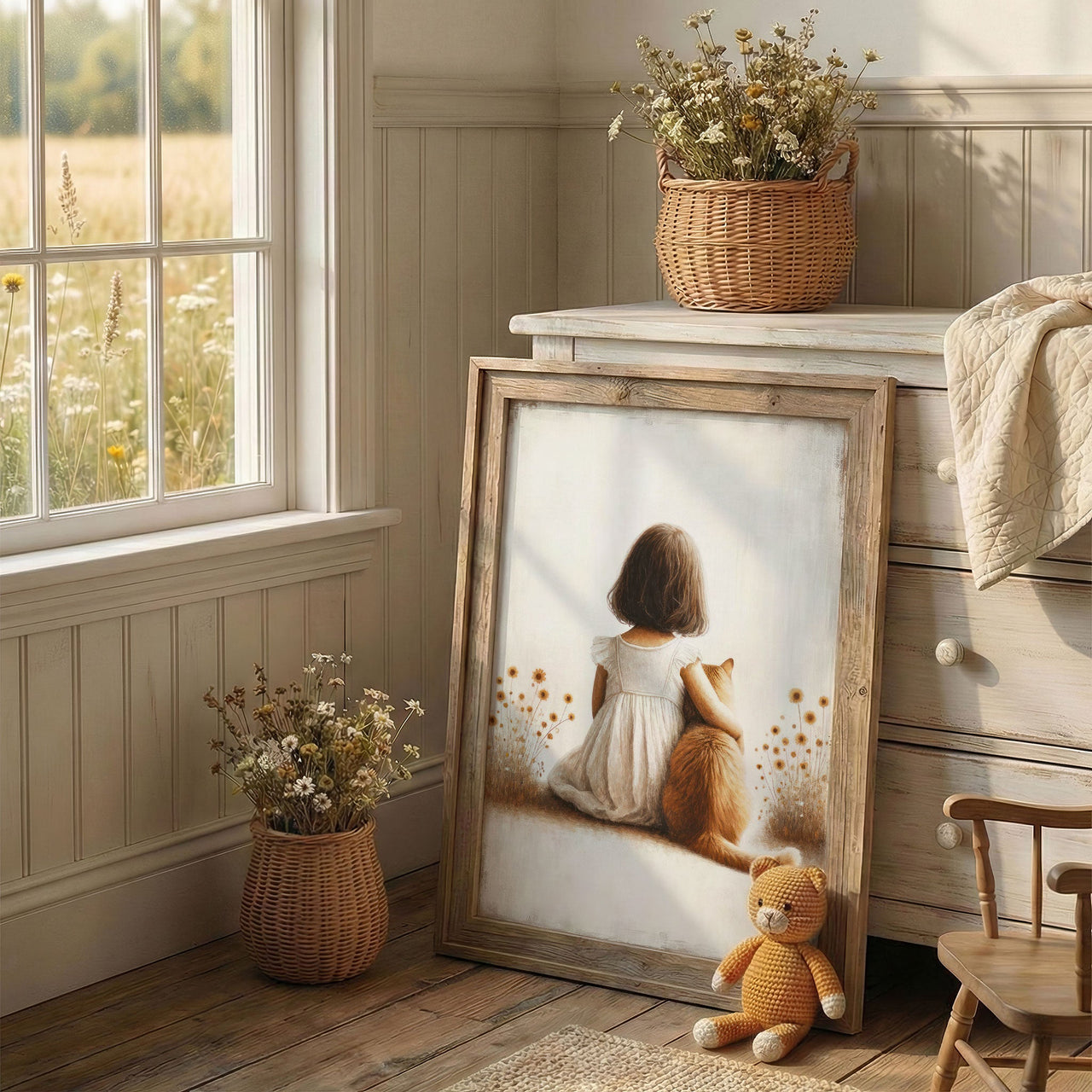 Girl and Cat Wall Art – Animal Nursery Print