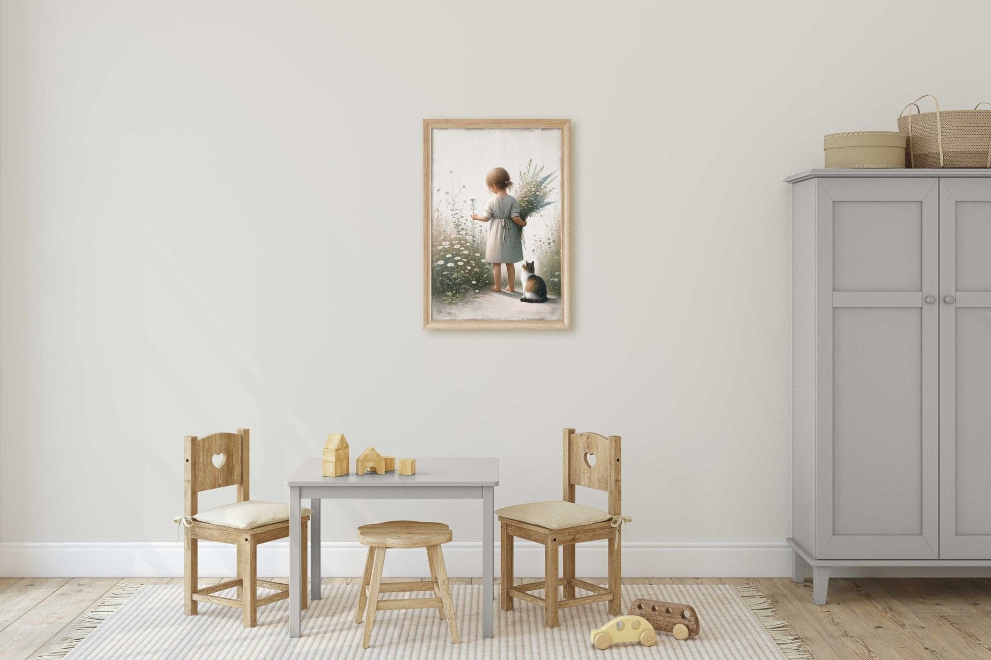 Girl and Cat Wall Art, Floral Nursery Decor, Whimsical Room Accent - WildfieldPrints