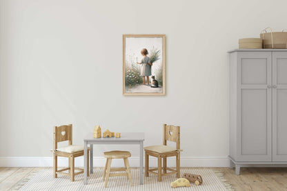 Girl and Cat Wall Art, Floral Nursery Decor, Whimsical Room Accent - WildfieldPrints