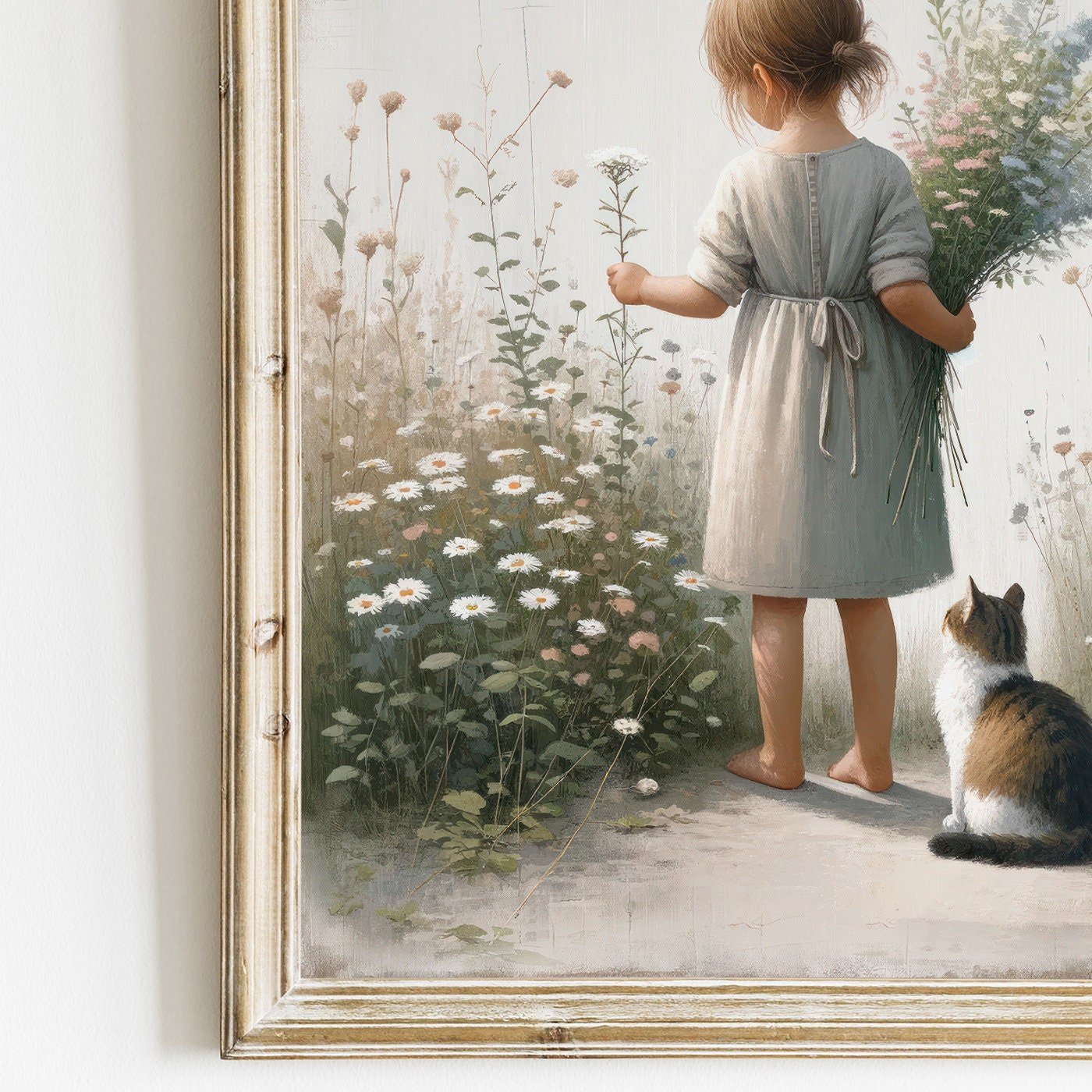 Girl and Cat Wall Art, Floral Nursery Decor, Whimsical Room Accent - WildfieldPrints