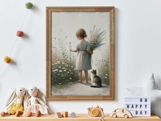 Girl and Cat Wall Art, Floral Nursery Decor, Whimsical Room Accent - WildfieldPrints