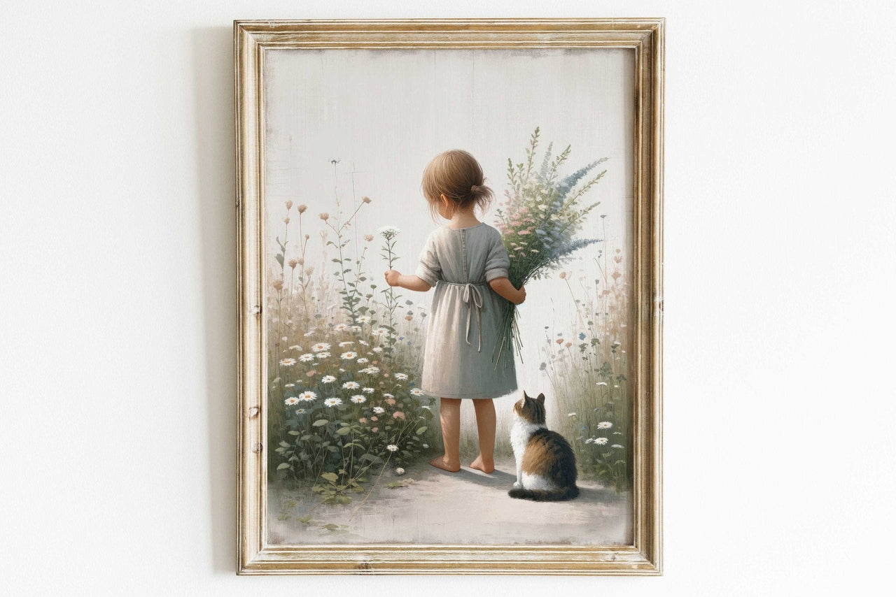 Girl and Cat Wall Art – Animal Nursery Print