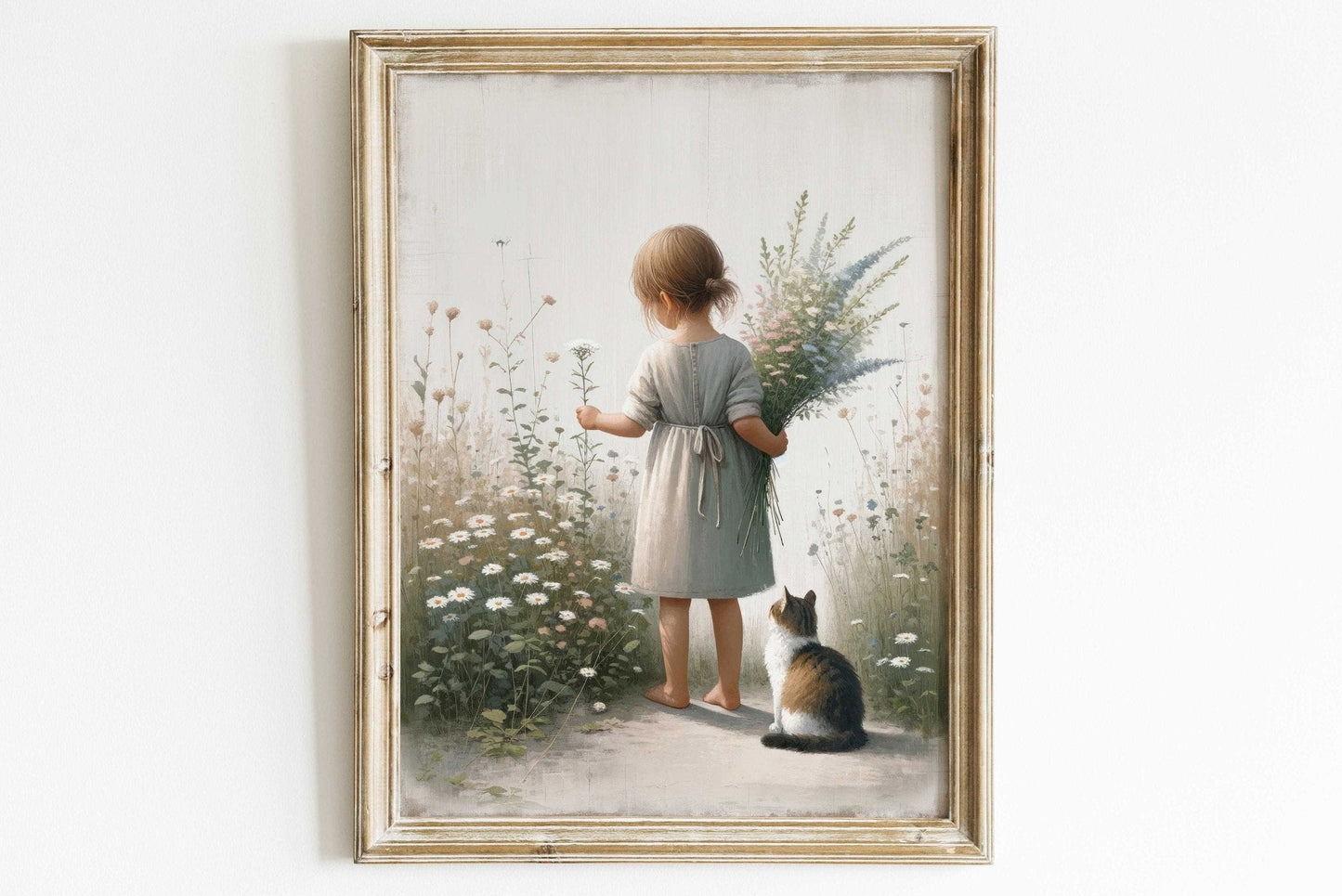 Girl and Cat Wall Art, Floral Nursery Decor, Whimsical Room Accent - WildfieldPrints