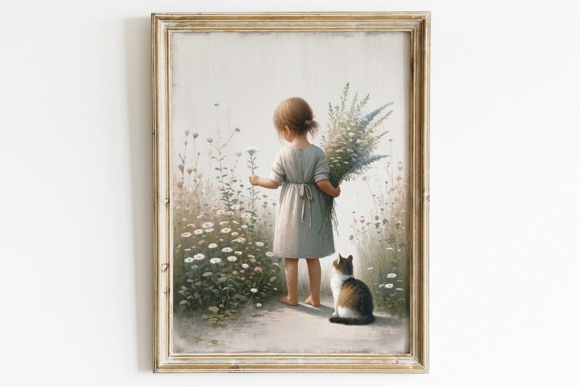 Girl and Cat Wall Art, Floral Nursery Decor, Whimsical Room Accent - WildfieldPrints