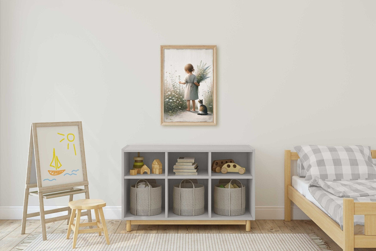 Girl and Cat Wall Art – Animal Nursery Print