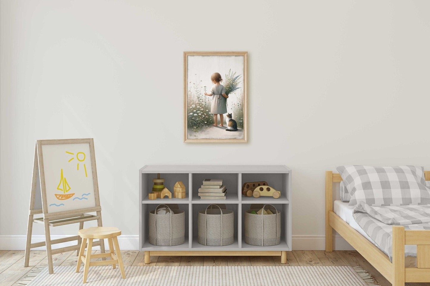 Girl and Cat Wall Art, Floral Nursery Decor, Whimsical Room Accent - WildfieldPrints
