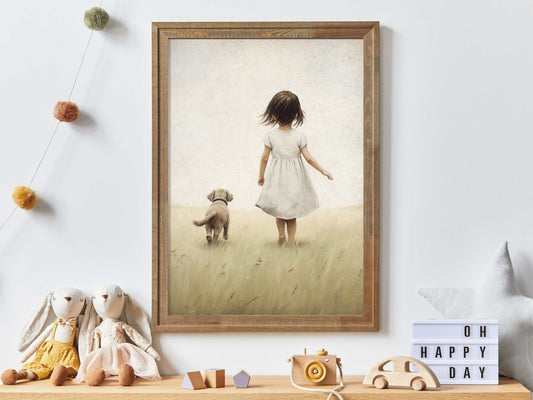 Girl and Dog Print, Vintage Nursery Decor, Cute Puppy Wall Art - WildfieldPrints