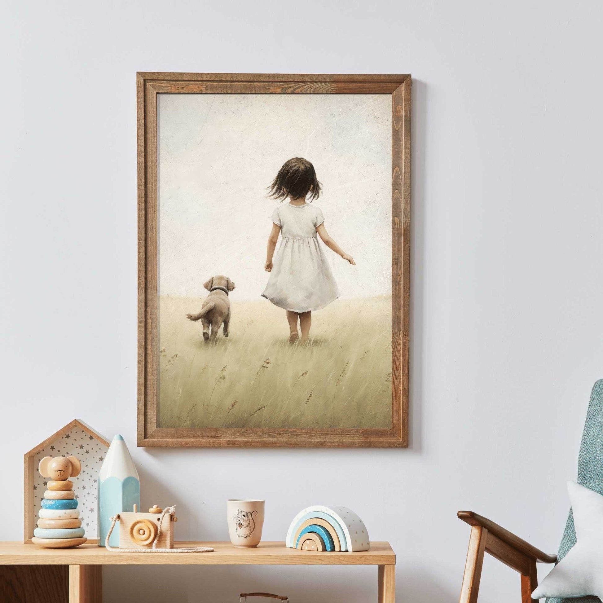 Girl and Dog Print, Vintage Nursery Decor, Cute Puppy Wall Art - WildfieldPrints