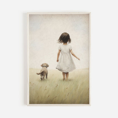 Girl and Dog Print, Vintage Nursery Decor, Cute Puppy Wall Art - WildfieldPrints